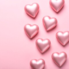 Fototapeta premium Pink background with scattered, glossy hearts