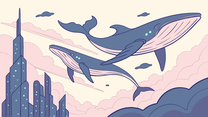 Flying whales over futuristic city surreal dreamscape illustration digital art drawing concept design