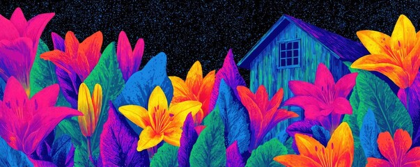 Lily arch near cottage flower concept. Vibrant flowers surround a colorful house under a starry sky.
