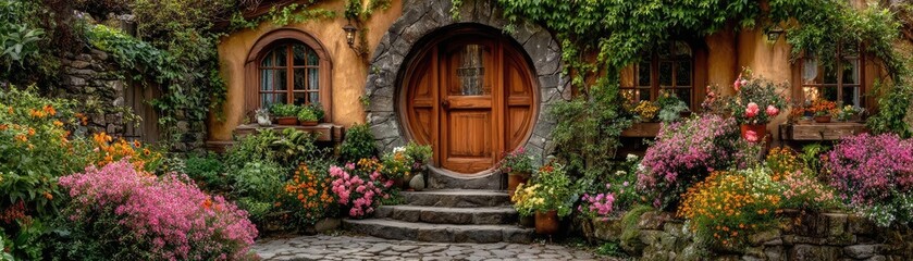 Lily arch near cottage flower concept. Charming hobbit-style house surrounded by vibrant flowers.