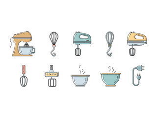 Culinary Appliance Illustration Set: A set of vector-style illustrations, highlighting a variety of modern kitchen mixing tools and elements essential for food preparation.  