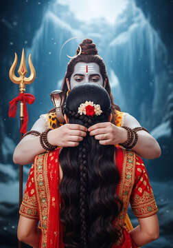 Lord Shiva braiding Parvati's hair with flowers Hindu mythology