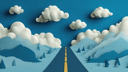 Papercraft road through mountains and clouds