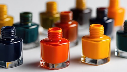 Close-up of various nail polish bottles in different colors