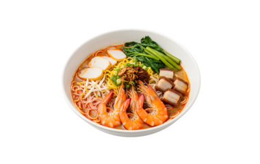 An aerial shot of the beloved prawn mee noodles from Penang, complete with eggs and little shrimp