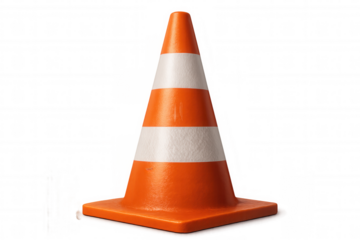 Striped orange and white traffic cone standing on a transparent background, representing safety and caution in work zones