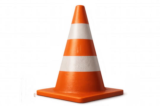 Striped orange and white traffic cone standing on a transparent background, representing safety and caution in work zones