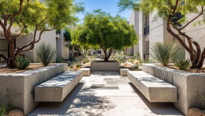 Urban courtyard with light gray concrete benches, lush greenery, and modern architecture