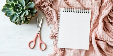 Pastel memo pad, blush pink scissors, and green succulent on linen cloth