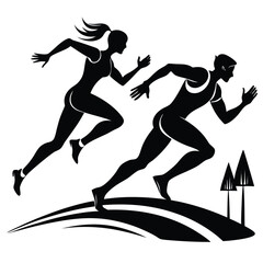 Dynamic Duo in Silhouette Running on the Hills with Trees, embodying Fitness, Competition, and Outdoor Activity