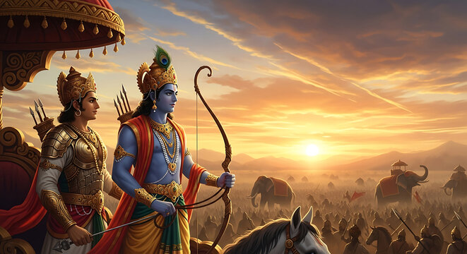 Krishna and Arjuna in chariot facing army at sunrise