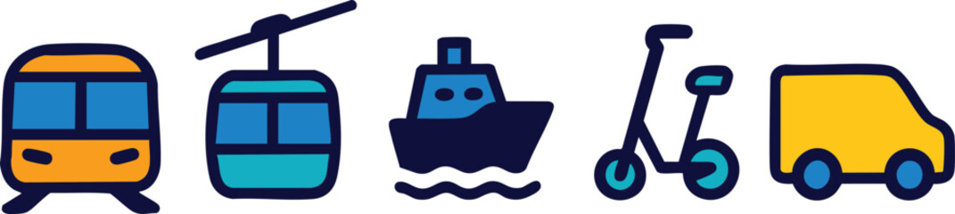 Obraz premium Mixed Mobility Icons, Cable Car, Tram, Kick Scooter, Delivery Truck