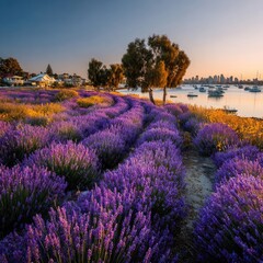 Fototapeta premium Lavender field bordering a bay at sunrise