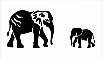 Obraz premium Silhouette illustration of a large elephant and a smaller elephant standing on a white background design