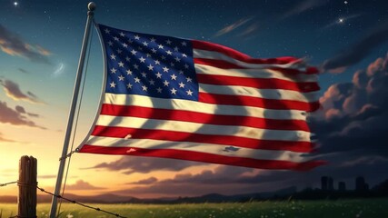 Patriotic Sunset: A Worn American Flag Waves Proudly - Powered by Adobe