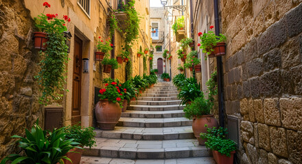 Obraz premium Narrow Stone Alleyway in Ortigia With Hanging Plants and Sunlight Filtering In