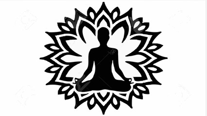 Fototapeta premium Silhouette of a person meditating in lotus position inside a floral mandala design with pointed petals