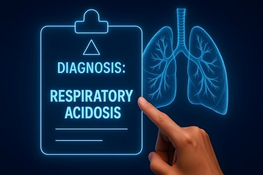 high-resolution digital medical illustration of respiratory acidosis, featuring glowing neon blue lungs and a clipboard with diagnosis text, highlighted by a human hand pointing at the title, 