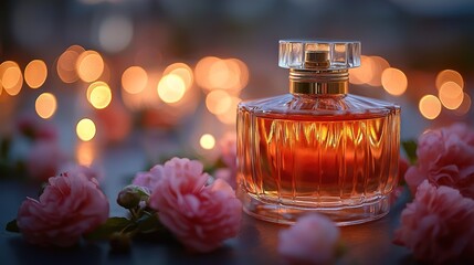 Elegant perfume bottle surrounded by delicate pink roses and warm, glowing lights