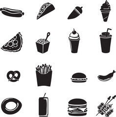Fast Food Silhouette Icon Set Featuring Burgers, Pizza, Ice Cream, Tacos, Fries, Drinks, and Snacks in Black Vector Style