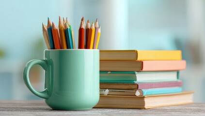 Fototapeta premium Colorful pencils in a teal mug beside a stack of books