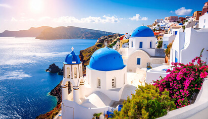 Fototapeta premium Sun-drenched Santorini village with iconic blue-domed churches overlooking the Aegean Sea.