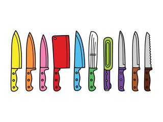 Culinary Ensemble: A vibrant assortment of knives stands proudly against a colorful backdrop. The diverse collection showcases a range of blades, perfect for culinary excellence.