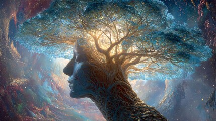 surreal scene where a tree with intricate roots and glowing branches represents the interconnected neural pathways and communication of the human brain