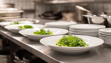 Prepared salads on white plates, ready for service in a commercial kitchen