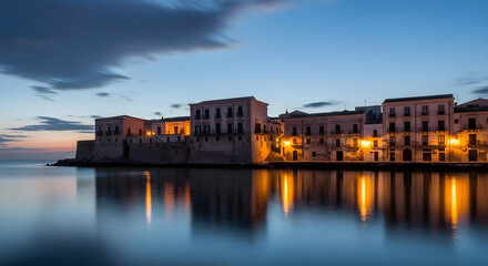 Obraz premium Ortigia Island at Twilight With Reflections on Calm Water and Historic Buildings