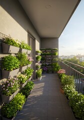 Modern balcony garden with green plants and flowers overlooking the city skyline
