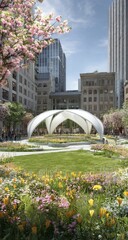 Urban plaza with modern canopy, blossoming trees and flowers