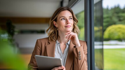 Thoughtful businesswoman reflecting on work while holding a tablet in a modern office setting during daytime