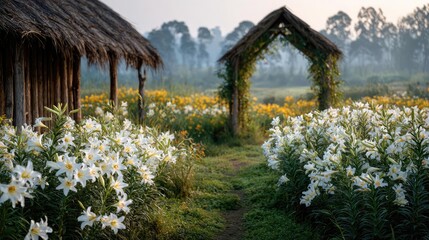 Lily arch near cottage flower concept. A serene path through blooming lilies near a rustic hut.