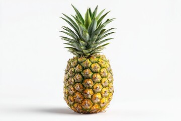 Fototapeta premium Single pineapple, bright yellow-gold rind, vibrant green crown, studio shot