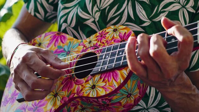 Close-up video shot of hands playing a colorful ukulele, featuring a vibrant floral design. Captures a lively, tropical vibe with natural lighting.