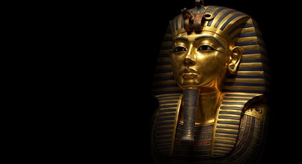 Close-up of the golden burial mask of Tutankhamun, an ancient Egyptian pharaoh, against a dark background.