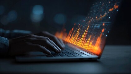 Hands typing on a laptop with glowing financial data overlay