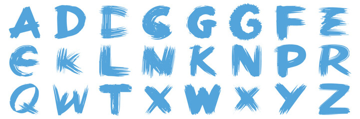 Fototapeta premium Blue, uppercase alphabet letters in a bold, brushstroke style, displayed on a white background. The texture conveys a creative, artistic feel.