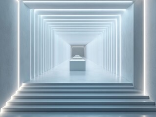 Neon Lit Futuristic Corridor with Geometric Forms, Modern Architectural Interior, Minimalist White Space Design, LED Light Framed Tunnel, Abstract Contemporary Structure, 3D Rendered Hallway, Sleek Em