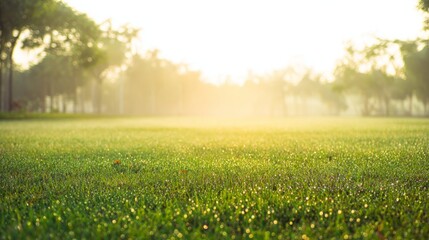 Obraz premium A tranquil sunrise over a lush green field, dewdrops glistening like tiny jewels in the morning light. 