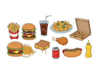 Feast of Flavors: An assortment of delicious fast food staples are artfully presented in this illustrative depiction of culinary delight. From juicy burgers to crispy fries, and savory pizzas.