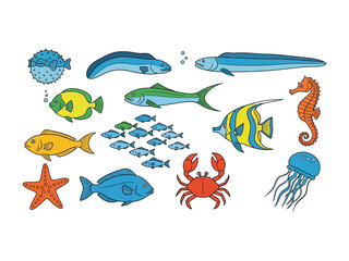 Fototapeta premium Oceanic Assemblage: A vibrant illustration showcasing a variety of marine life, including colorful fish, crustaceans, and other aquatic creatures.