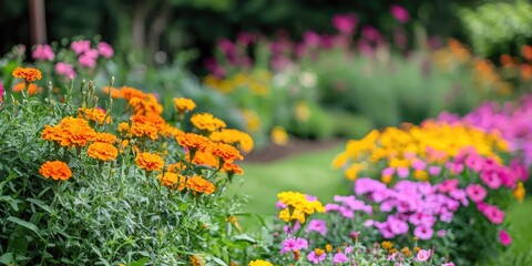 Obraz premium Garden in bloom with marigolds, petunias, and zinnias