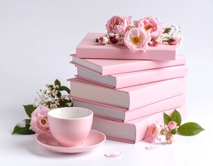 Pastel pink books stacked with roses and teacup