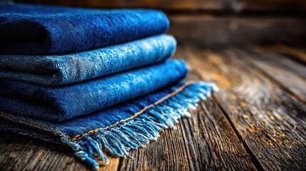 Frayed hem and denim detail concept. Stack of folded denim fabrics on a rustic wooden surface.