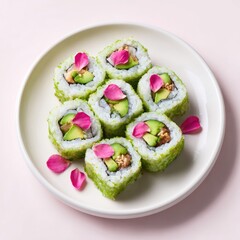 Sushi rolls with avocado and pink petals