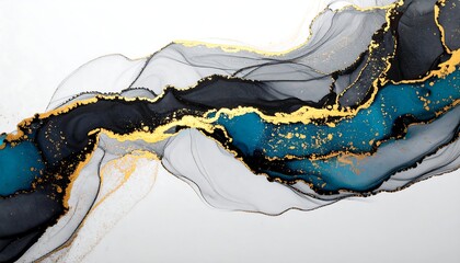 Abstract Fluid Art: Teal, Black, and Gold Ink Flowing on White Background