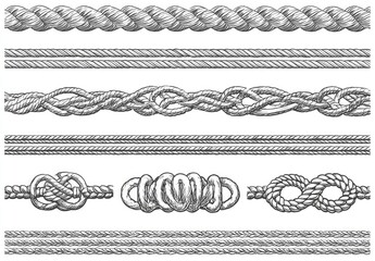 Set of hand-drawn rope designs, various knots and styles