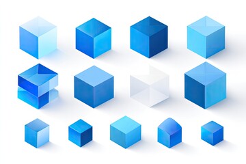 Fototapeta premium Set of blue, isometric cubes with subtle gradients and shadows